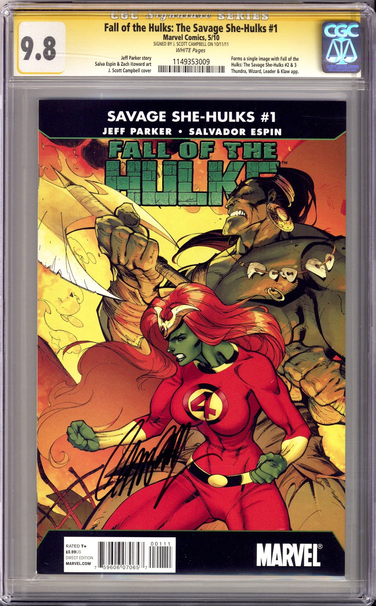 Fall of the Hulks: The Savage She-Hulks 1 CGC 9.8 (NM/M) (2010) Signed x1 Cover J. Scott Campbell