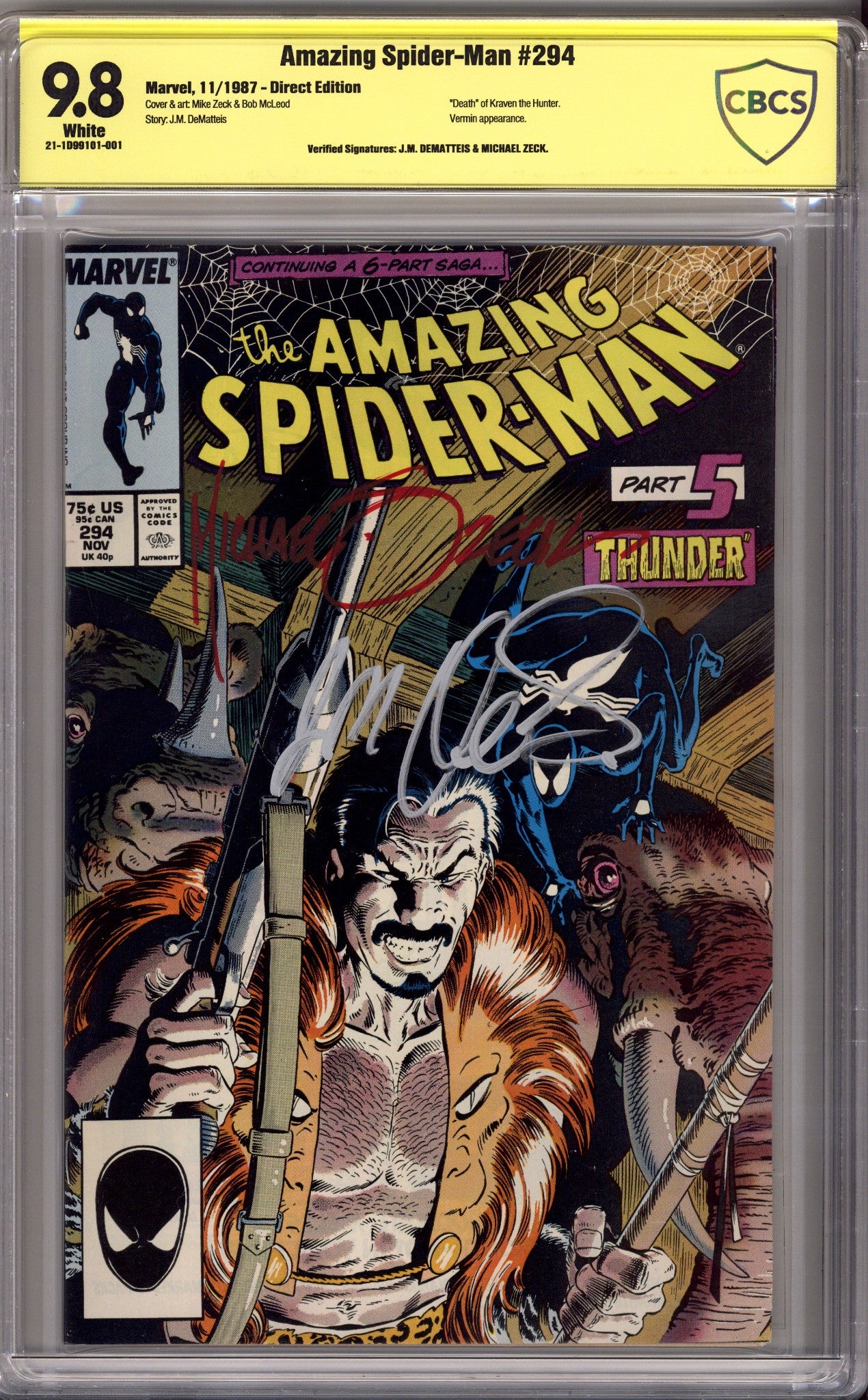 The Amazing Spider-Man Vol 1 294 CBCS 9.8 (NM/M) (1987) Signed x2 Cover J.M. Dematteis & Michael Zeck 