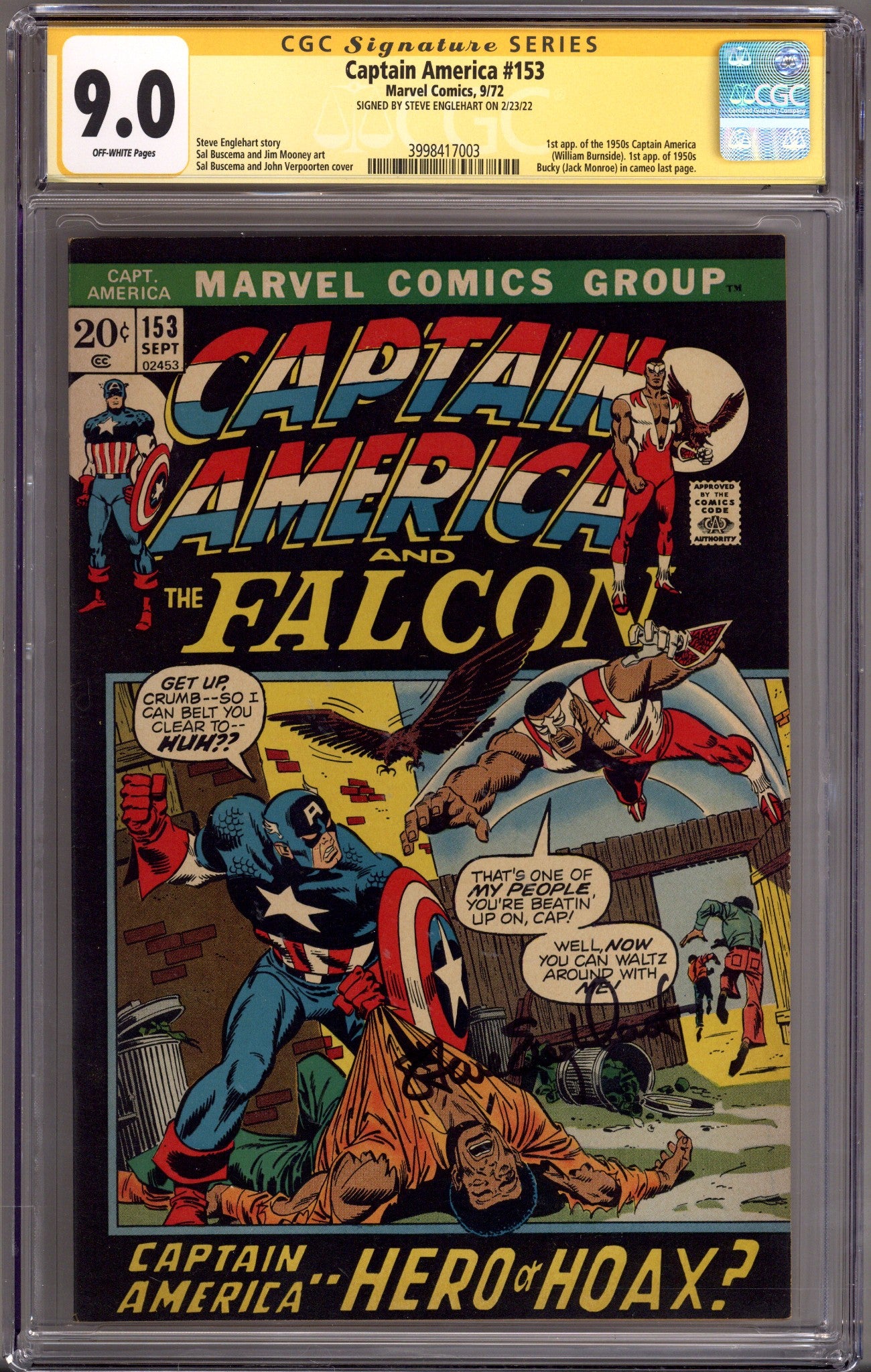 Captain America Vol 1 153 CGC 9.0 (VF/NM) (1972) Signed x1 Cover Steve Englehart 