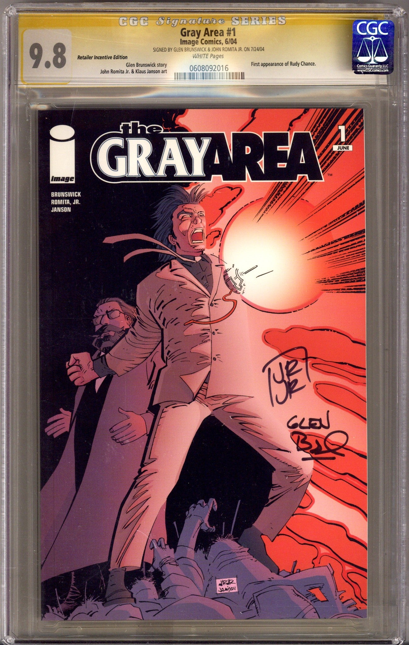 The Gray Area 1 CGC 9.8 (NM/M) (2004) Incentive Variant Signed x2 Cover Glen Brunswick & John Romita Jr. 