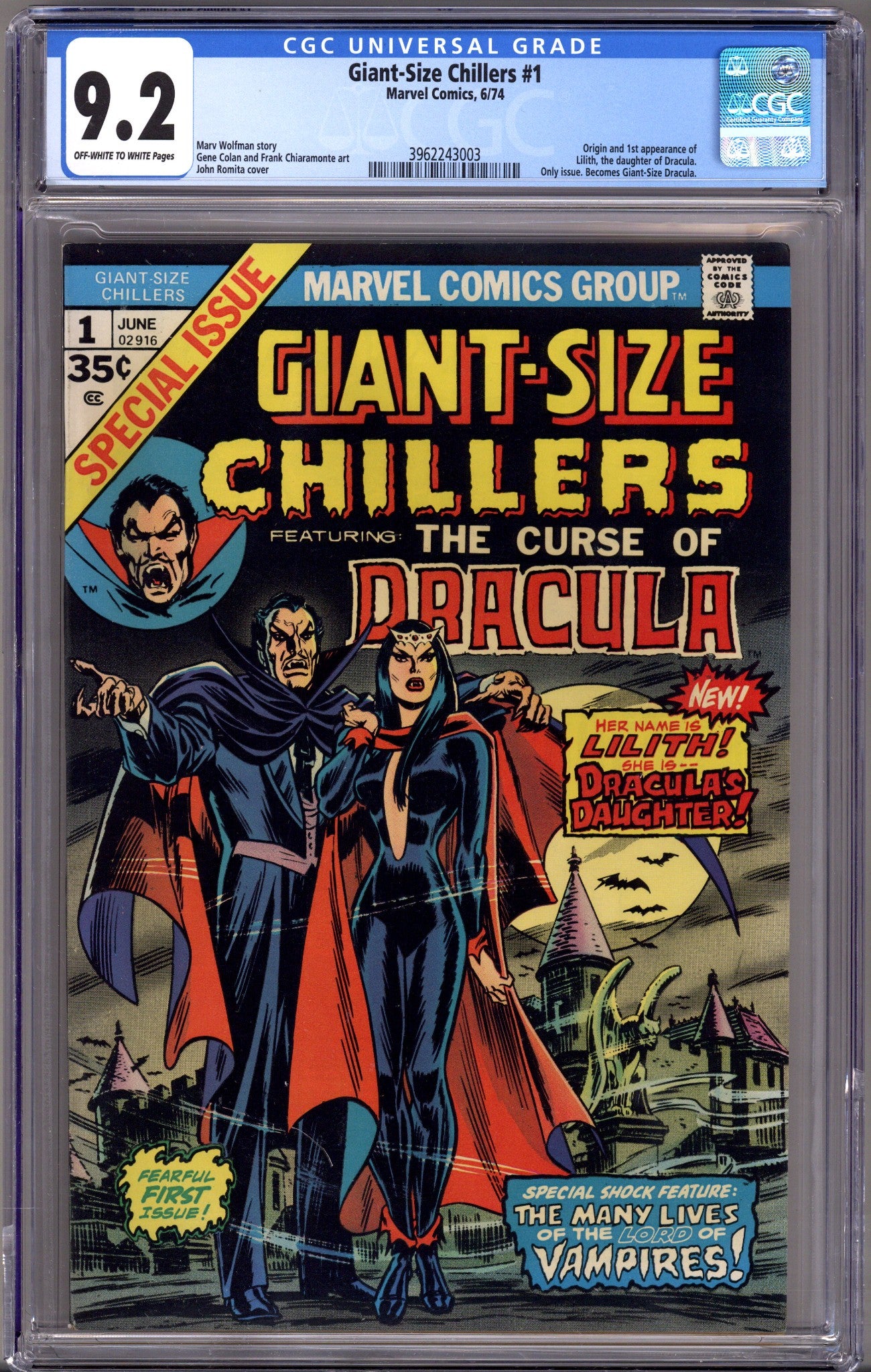 Giant-Size Chillers Featuring Curse of Dracula 1 CGC 9.2 (NM-) Cracked Case (1974) 