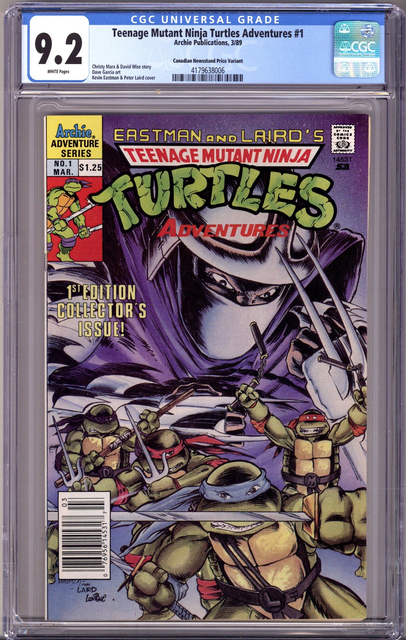 Teenage Mutant Ninja Turtles Adventures Vol 2 1 CGC 9.2 (NM-) (1989) Canadian Price Variant Newsstand 
