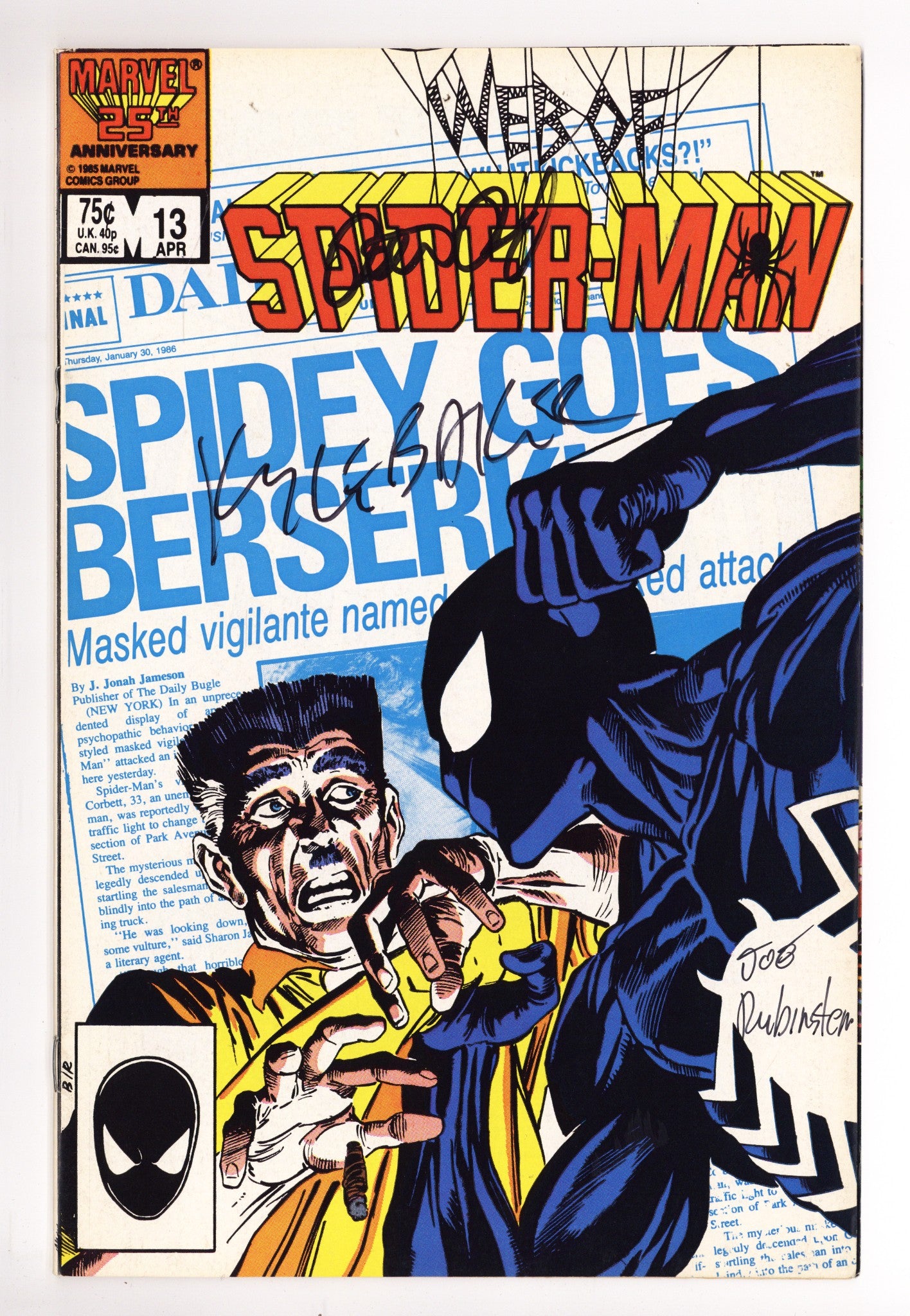 Web of Spider-Man Vol 1 13 FN/VF (7.0) (1986) Canadian Price Variant Signed x3 Cover David, Baker & Rubinstein 
