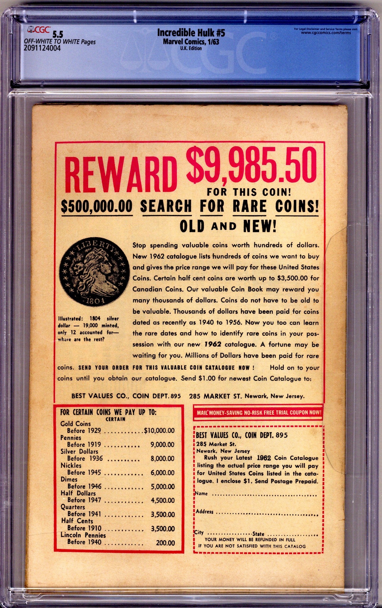 The Incredible Hulk Vol 1 5 UK Edition CGC 5.5 (1963)