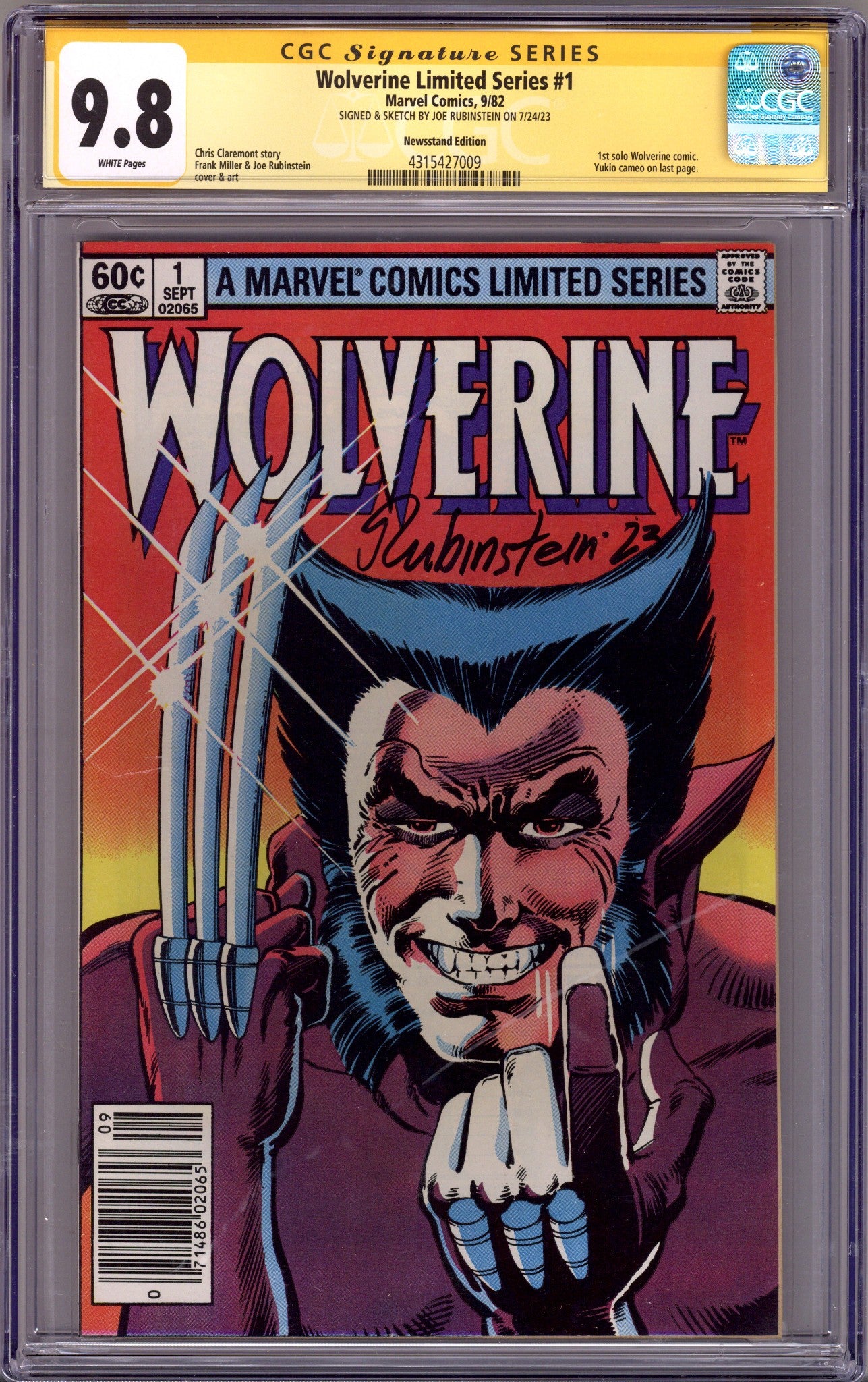 Wolverine Vol 1 1 Newsstand CGC 9.8 Signed Joe Rubinstein (1982)