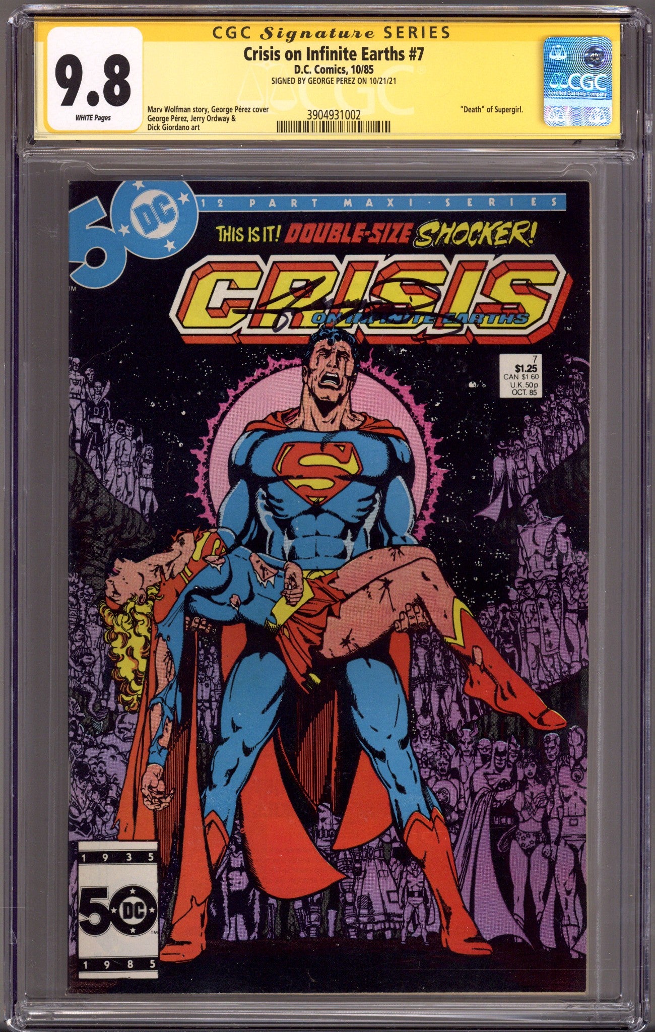 Crisis on Infinite Earths 7 CGC 9.8 (NM/M) (1985) Signed x1 Cover George Perez 