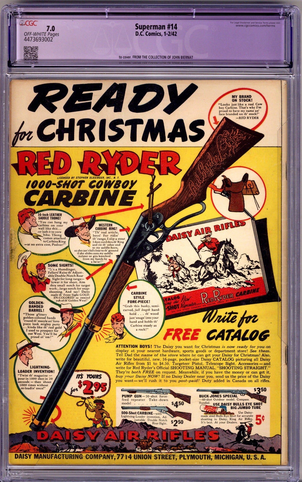 Superman Vol 1 14 CGC 7.0 (FN/VF) Restored (1942) Signed x1 1st Page Joe Shuster