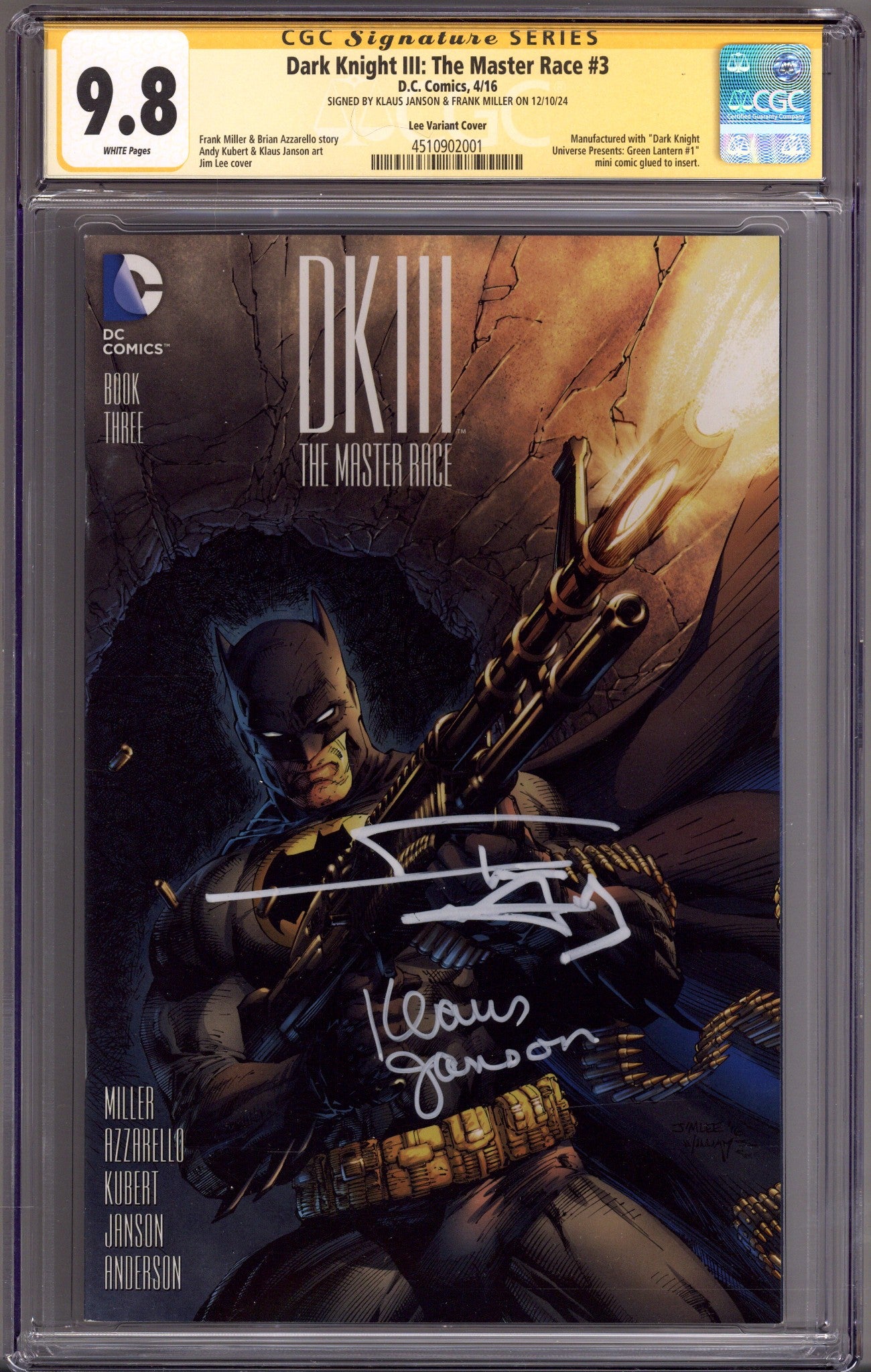 Dark Knight III: The Master Race 3 CGC 9.8 (NM/M) (2016) Lee Incentive Variant Signed x2 Cover Janson & Miller 