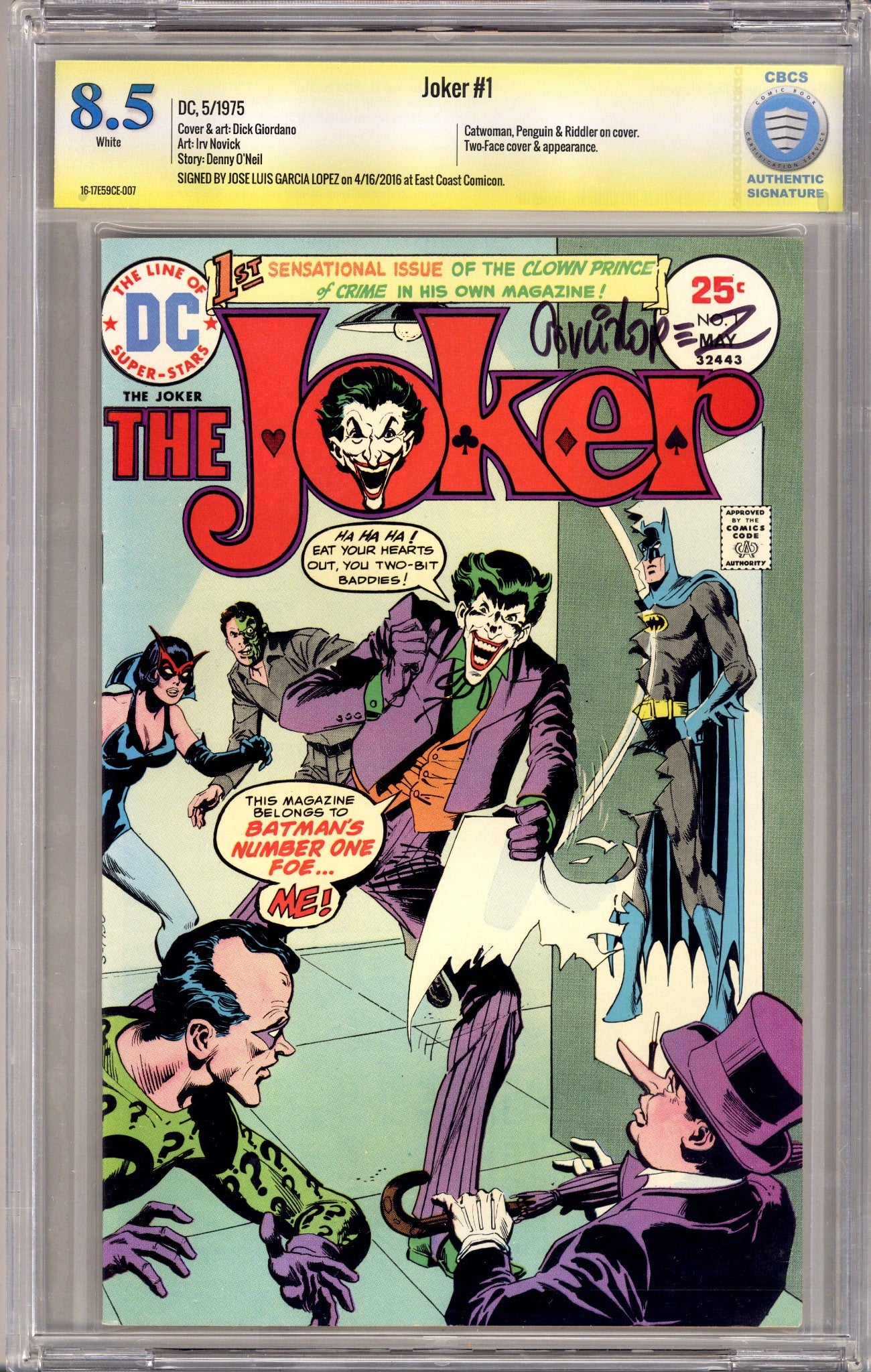 The Joker Vol 1 1 CBCS 8.5 (VF+) (1975) Signed x1 Cover Jose Luis Garcia Lopez 