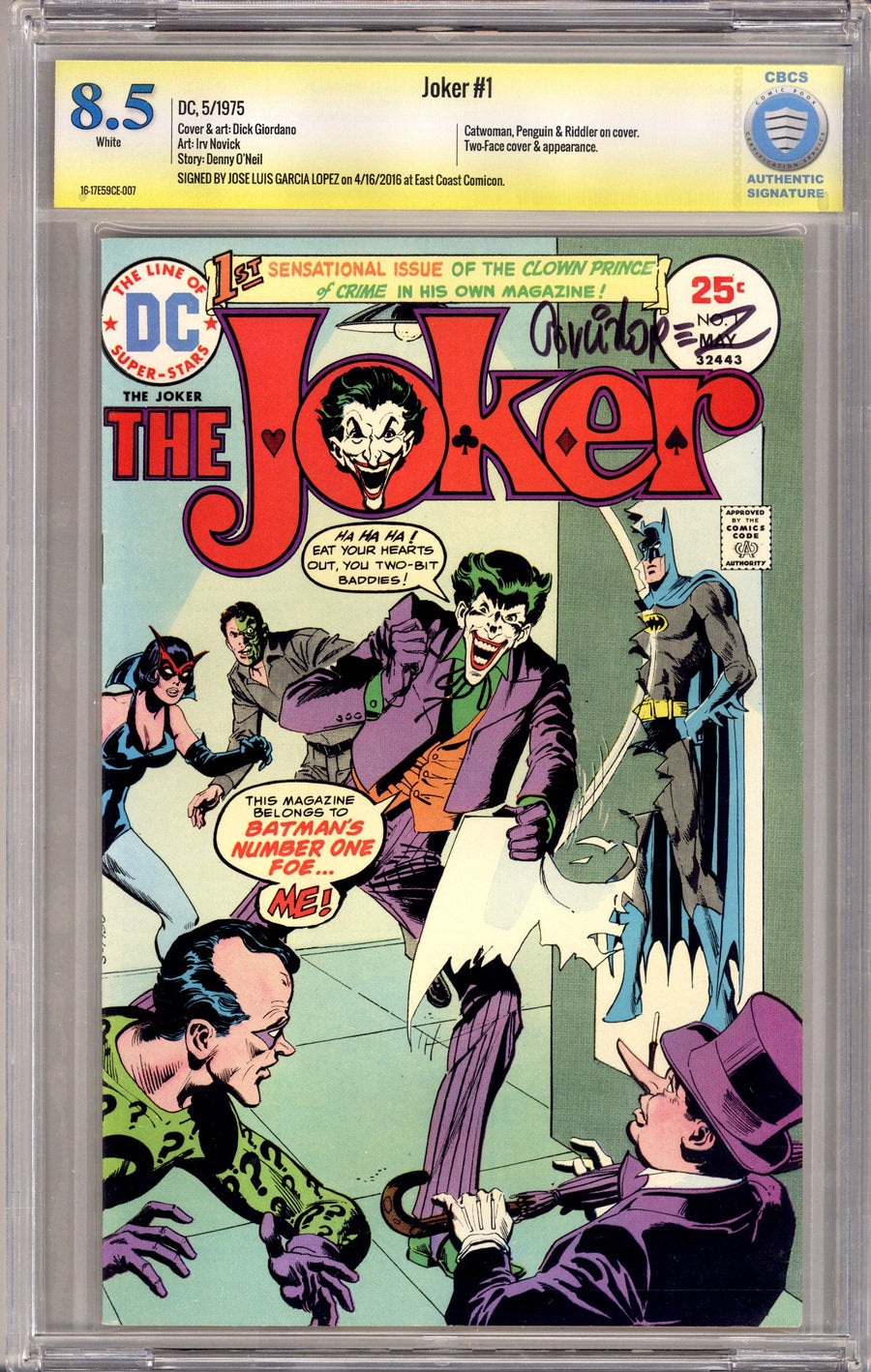 The Joker Vol 1 1 CBCS 8.5 (VF+) (1975) Signed x1 Cover Jose Luis Garcia Lopez 
