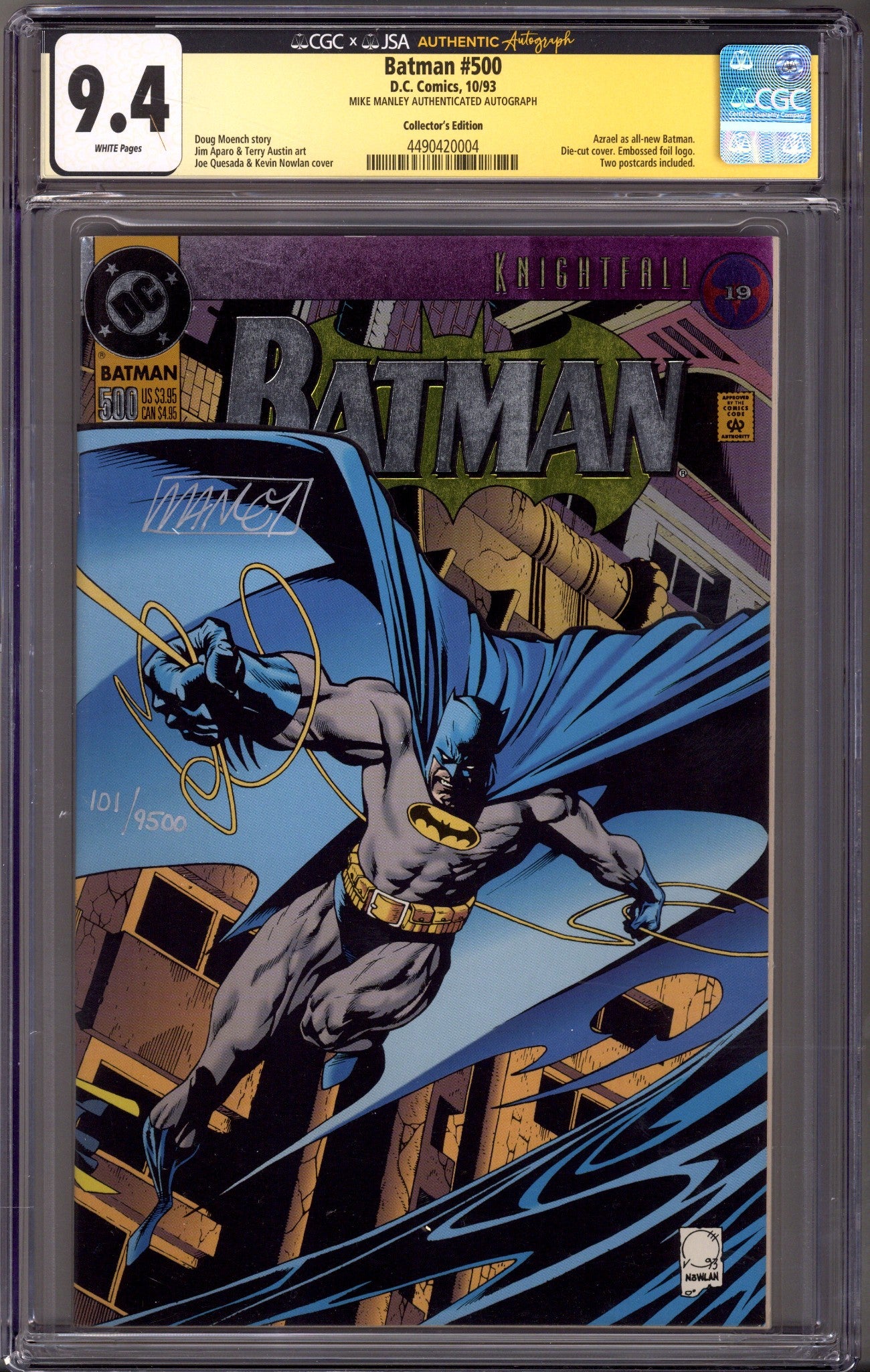 Batman Vol 1 500 CGC 9.4 (NM) Collector's Edition (1993) Signed x1 Cover Mike Manley 
