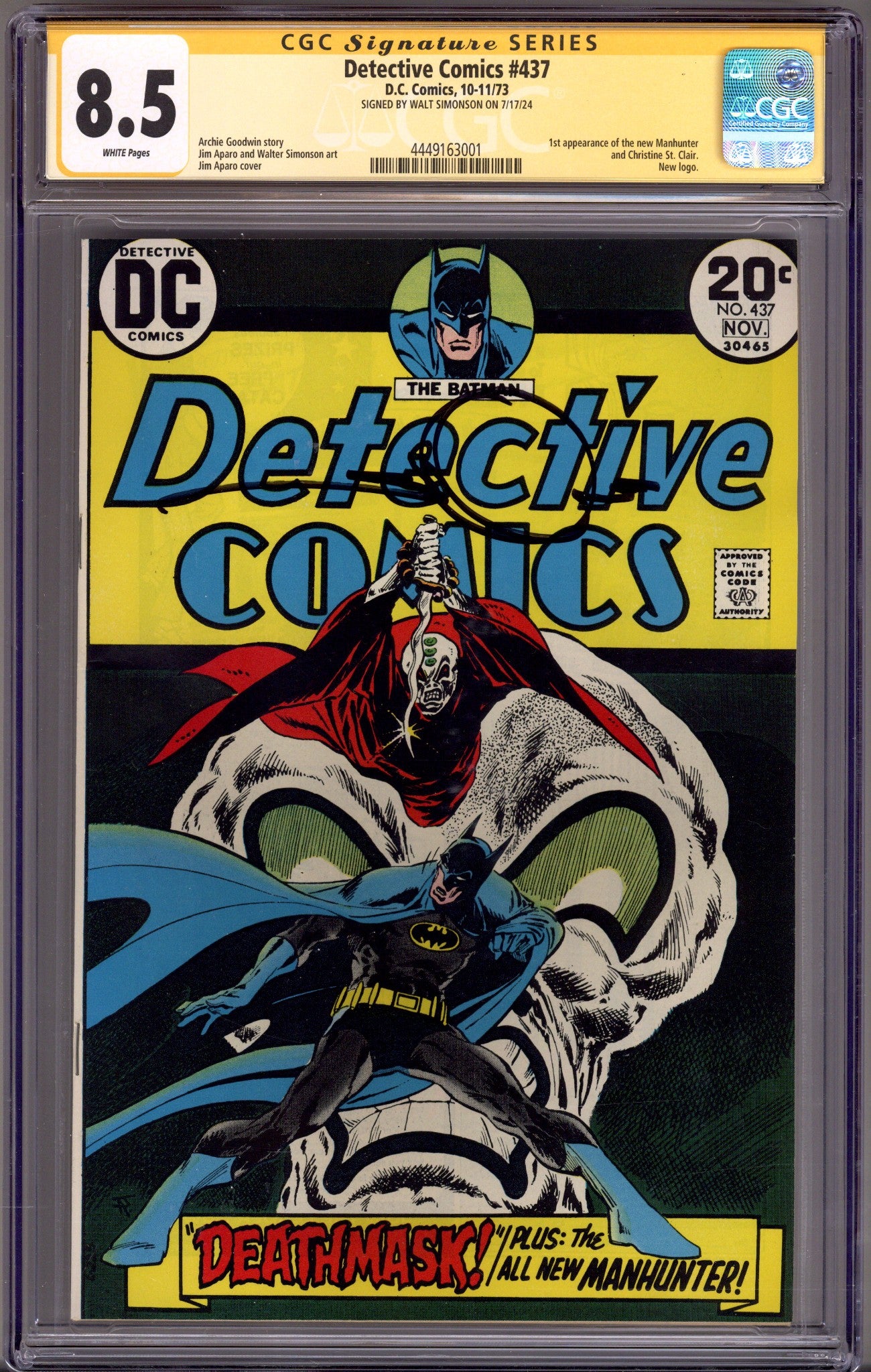 Detective Comics Vol 1 437 CGC 8.5 (VF+) (1973) Signed x1 Cover Walter Simonson 