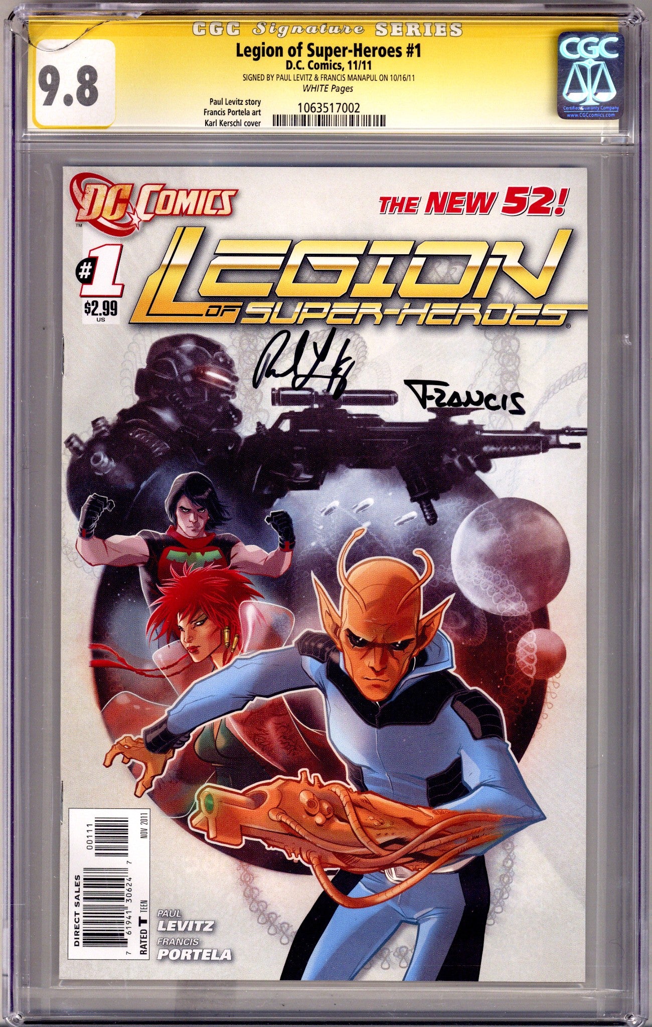 Legion of Super-Heroes Vol 7 1 CGC 9.8 (NM/M) Cracked Case (2011) Signed x2 Cover Paul Levitz & Francis Manapul 