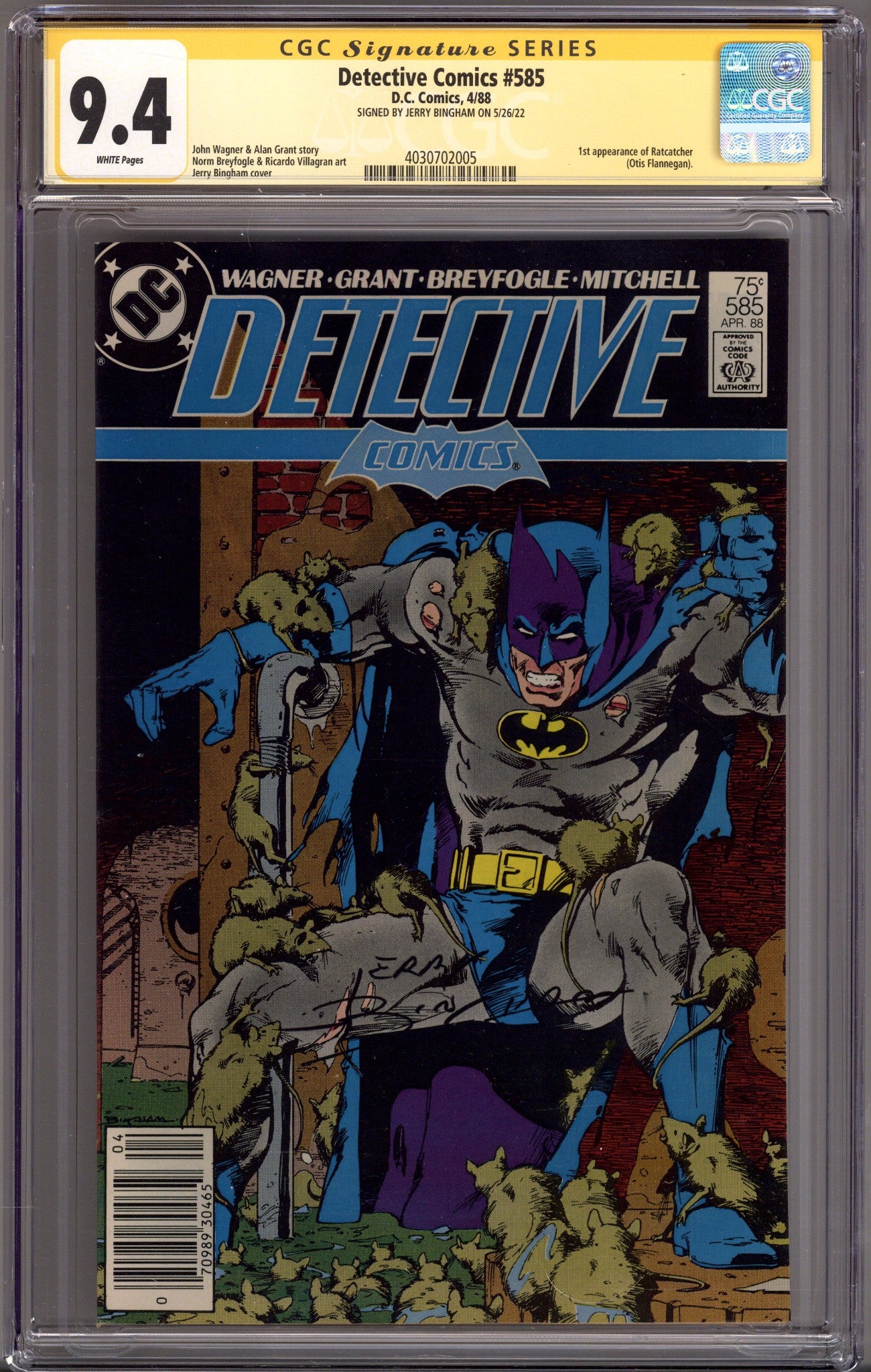 Detective Comics Vol 1 585 CGC 9.4 (NM) (1988) Newsstand Signed x1 Cover Jerry Bingham 