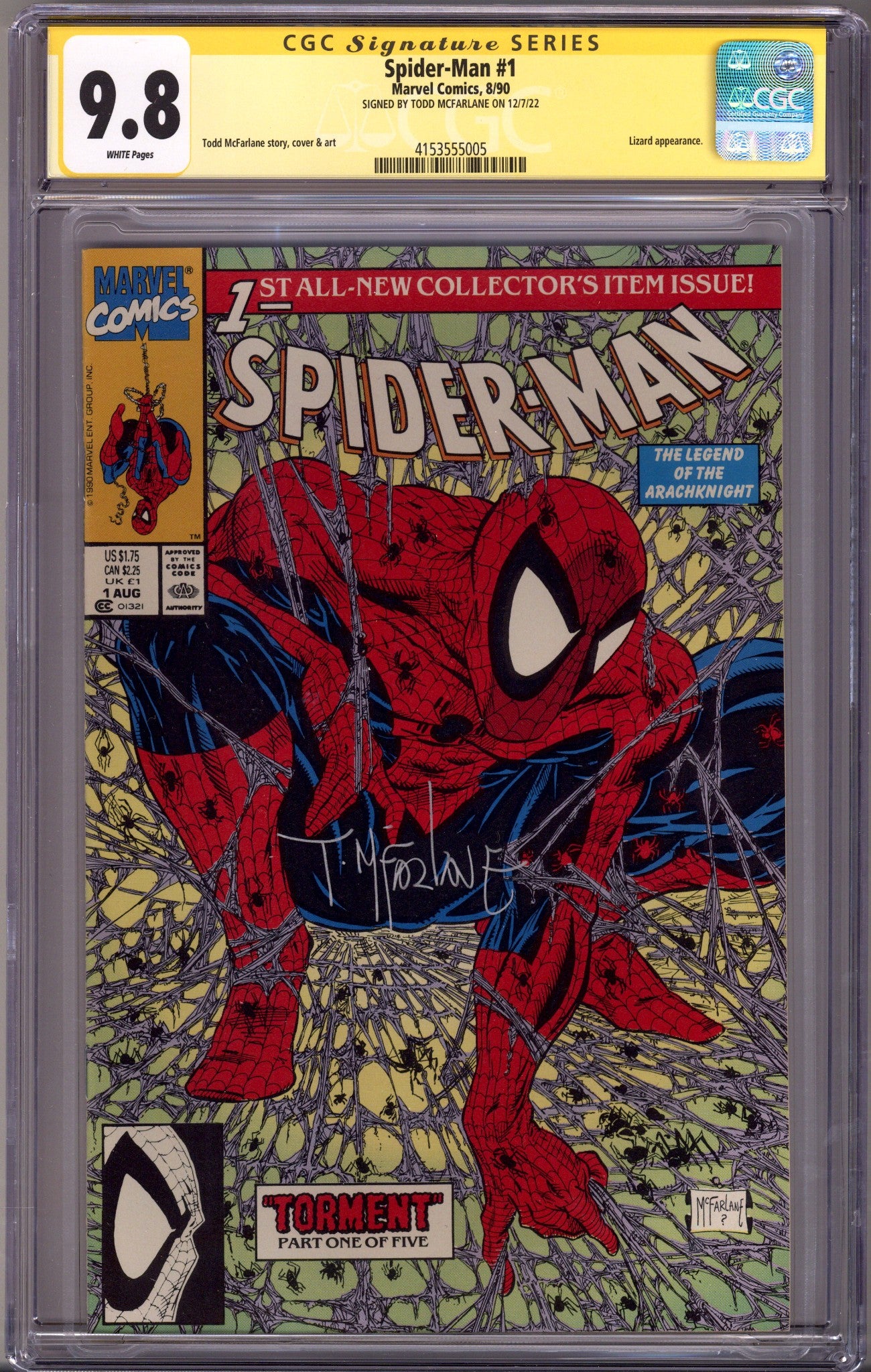Spider-Man Vol 1 1 CGC 9.8 (1990) Signed x1 Cover Todd McFarlane