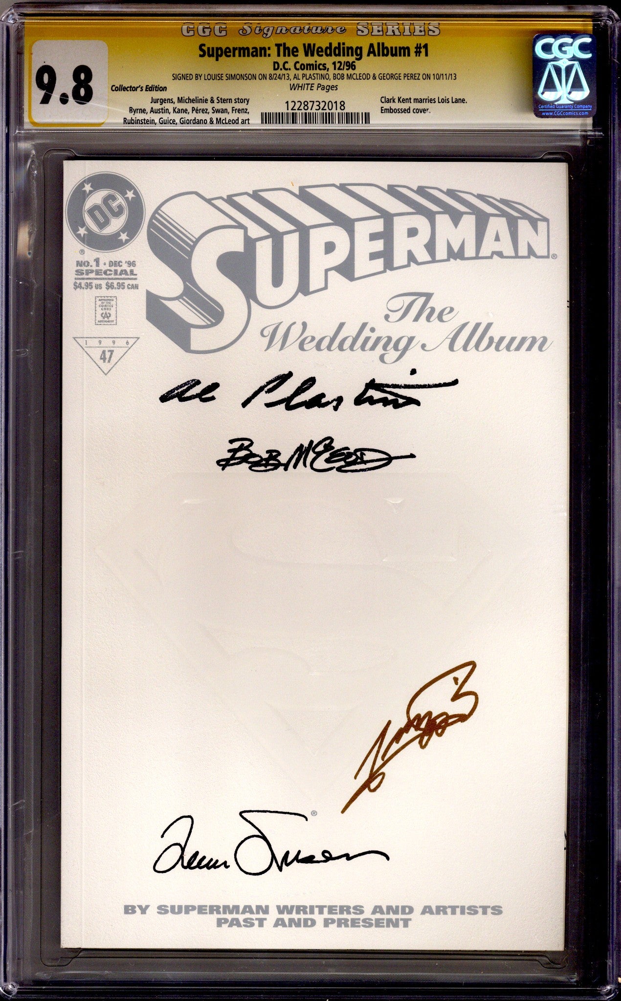 Superman: The Wedding Album 1 CGC 9.8 (NM/M) Collector's Edition (1996) Signed x4 Cover George Perez, Bob Mcleod, Al Plastino & Louise Simonson 