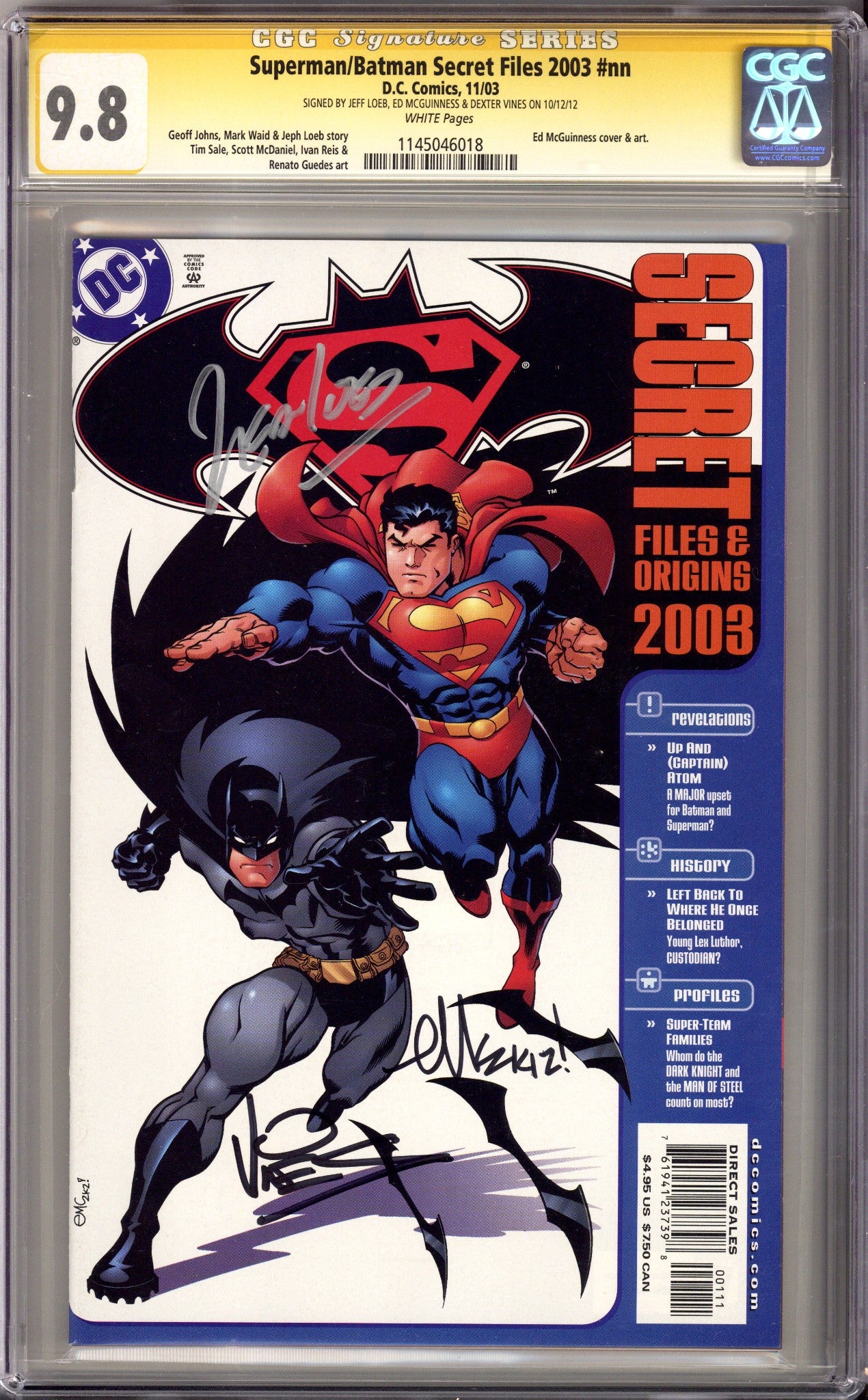 Superman / Batman Secret Files 2003 [nn] CGC 9.8 (NM/M) (2003) Signed x3 Cover Jeph Loeb, Ed McGuinness & Dexter Vines 