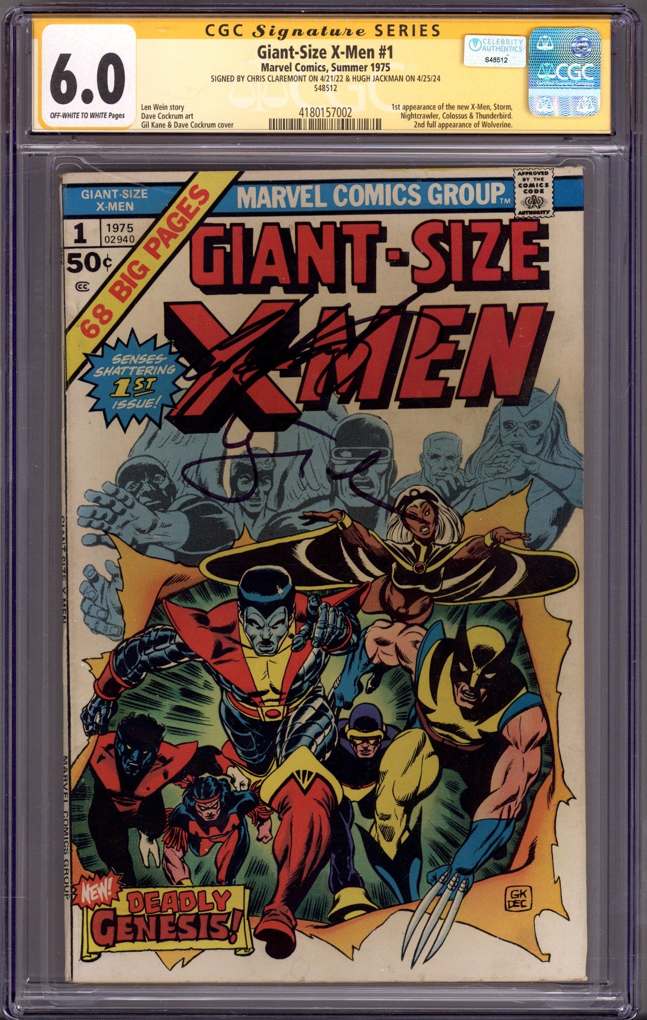 Giant-Size X-Men 1 CGC 6.0 (FN) (1975) Signed x2 Cover Hugh Jackman & Chris Claremont 