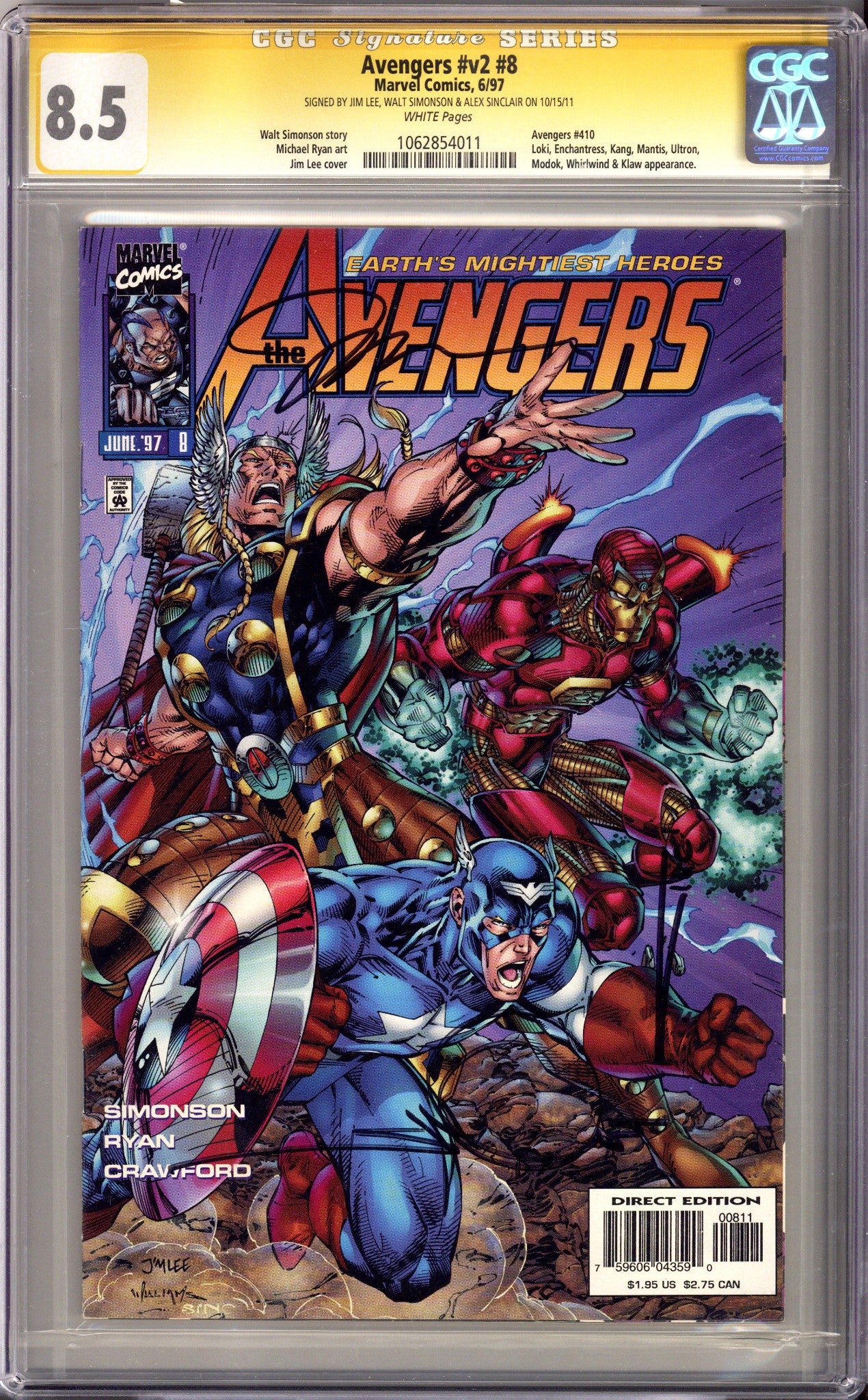 Avengers Vol 2 8 CGC 8.5 (VF+) (1997) Signed x3 Cover Jim Lee, Walt Simonson & Alex Sinclair 