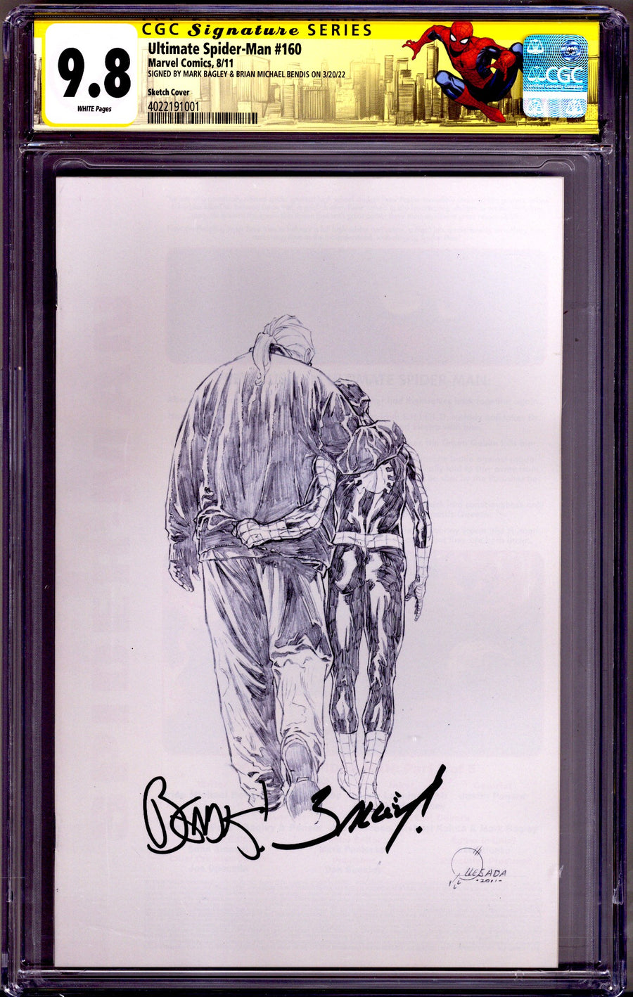 Ultimate Spider-Man Vol 1 160 CGC 9.8 (NM/M) (2011) Quesada Sketch Virgin Incentive Variant Signed x2 Cover Mark Bagley & Brian Michael Bendis 