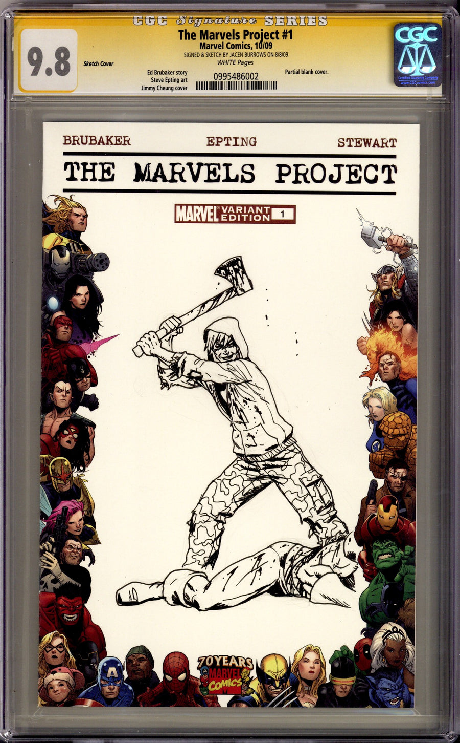 The Marvels Project 1 CGC 9.8 (NM/M) (2009) Blank Variant Signed / Remarked x1 Cover Jacen Burrows 