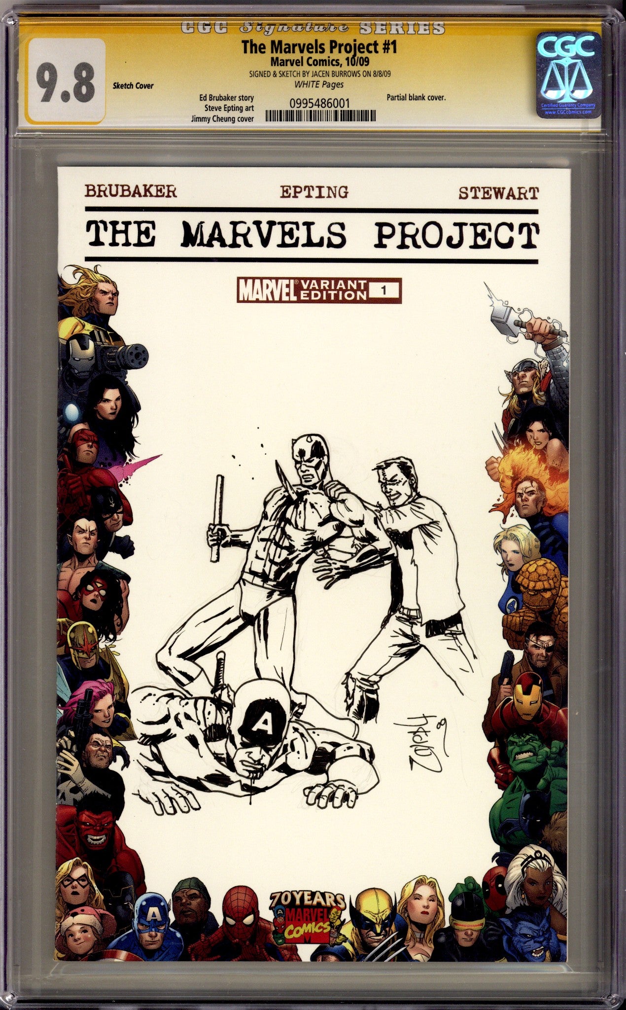 The Marvels Project 1 CGC 9.8 (NM/M) (2009) Blank Variant Signed / Remarked x1 Cover Jacen Burrows 