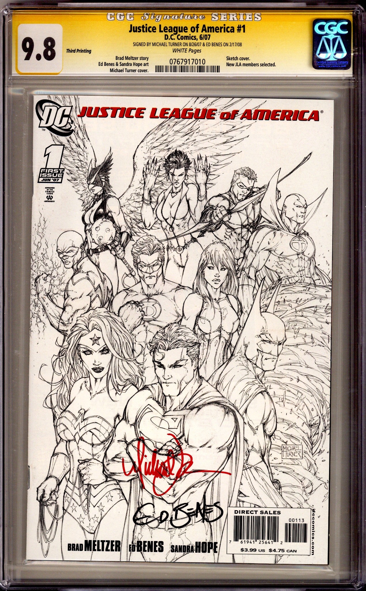 Justice League of America Vol 2 1 CGC 9.8 (NM/M) (2007) 3rd Print Signed x2 Cover Michael Turner & Ed Benes 