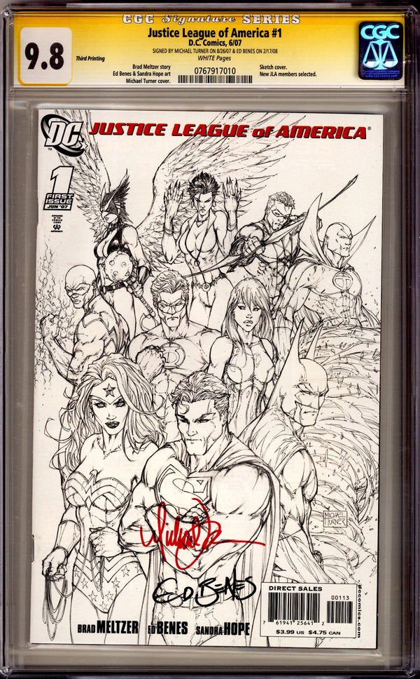 Justice League of America Vol 2 1 CGC 9.8 (NM/M) (2007) 3rd Print Signed x2 Cover Michael Turner & Ed Benes
