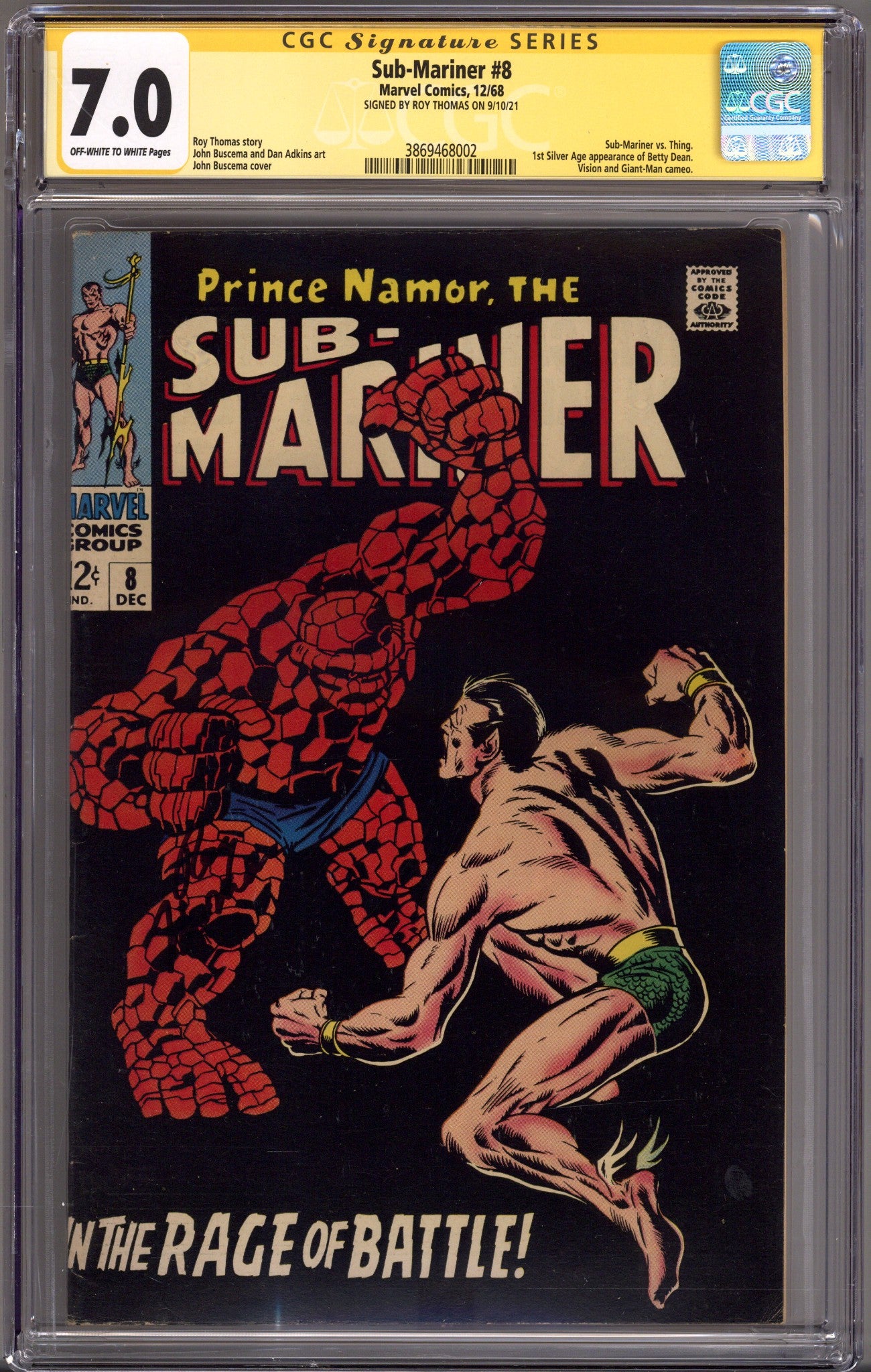 Sub-Mariner Vol 1 8 CGC 7.0 (FN/VF) (1968) Signed x1 Cover Roy Thomas 