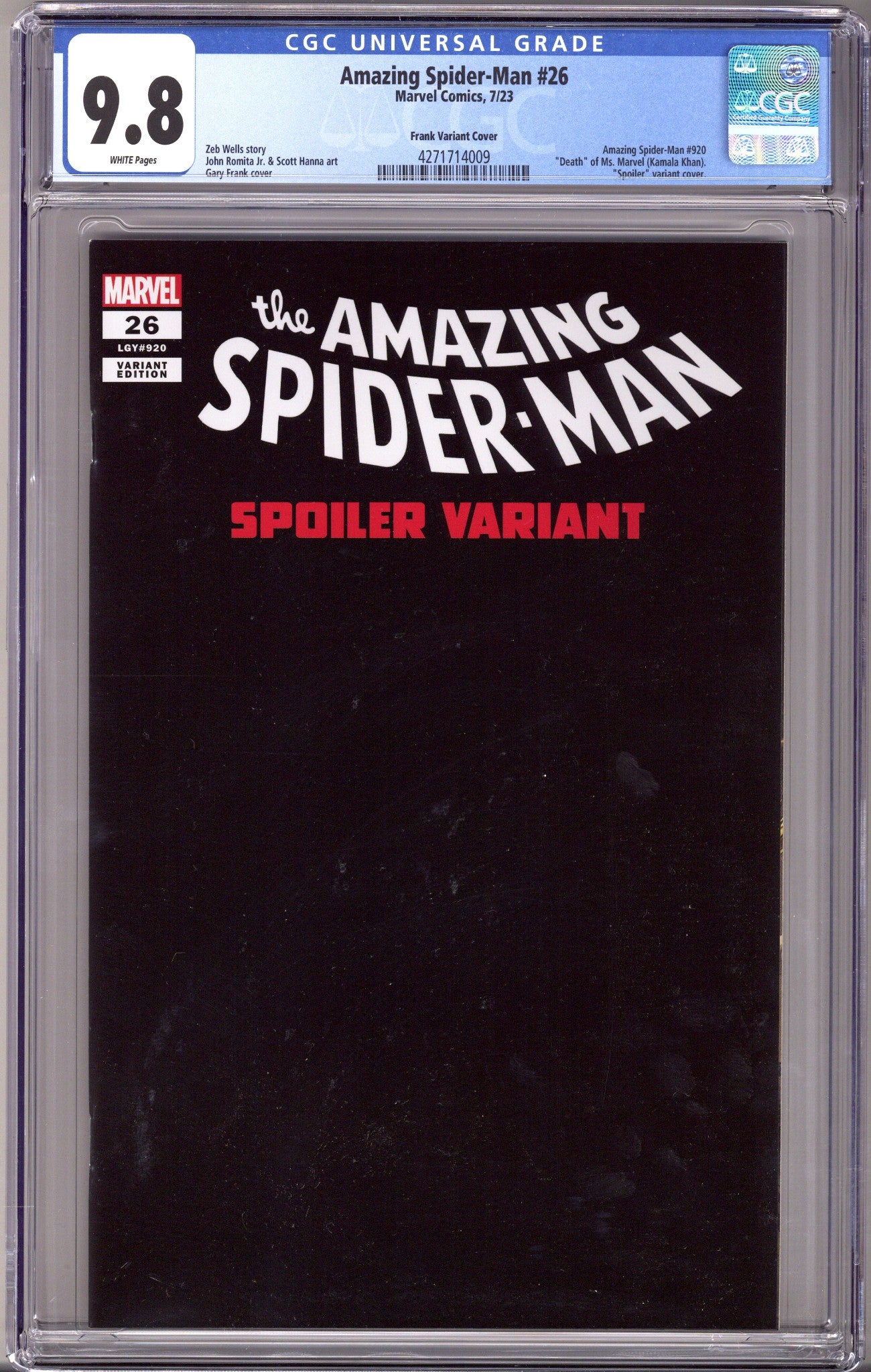 Amazing Spider-Man Vol 6 26 Frank Spoiler Variant CGC 9.8 (2023)