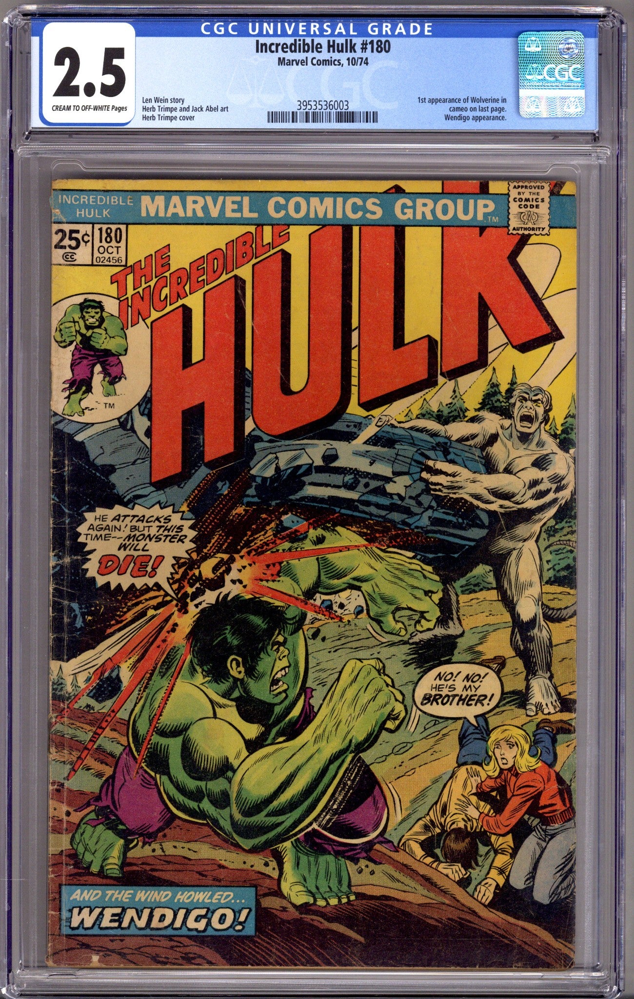 The Incredible Hulk Vol 1 180 CGC 2.5 (GD+) (1974) 