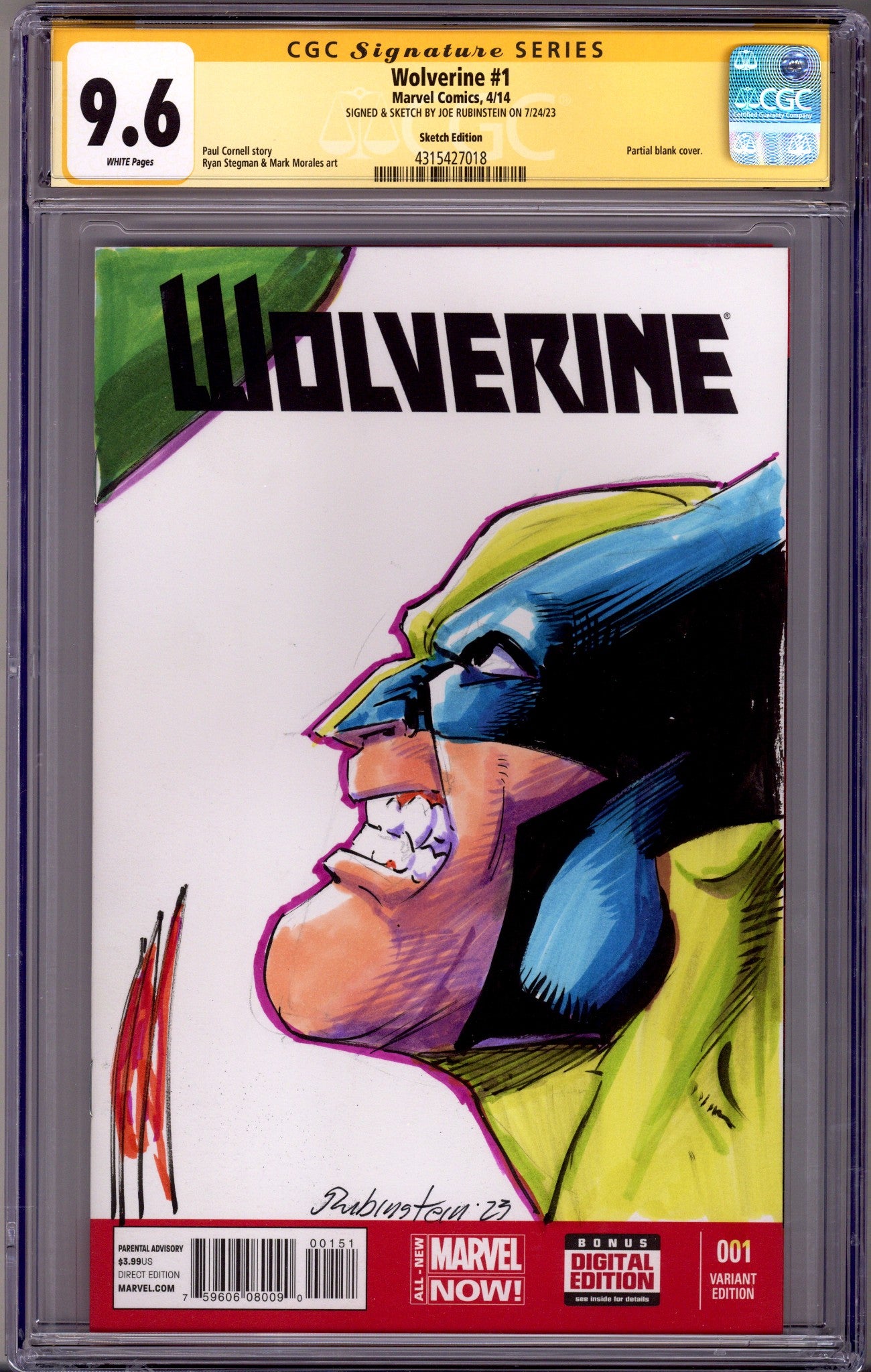 Wolverine Vol 6 1 Blank Variant CGC 9.6 Signed / Remarked Joe Rubinstein (2014)