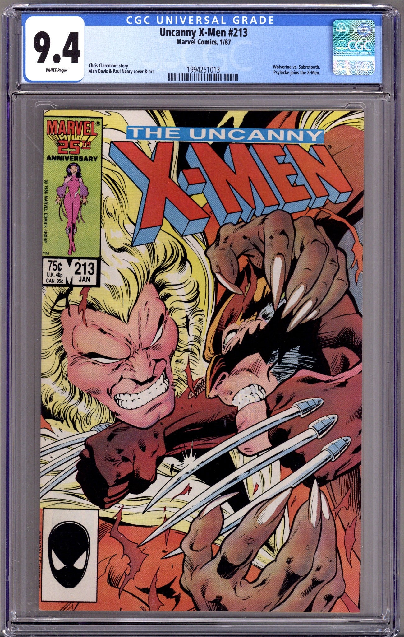 The Uncanny X-Men Vol 1 213 CGC 9.4 (NM) (1987) 