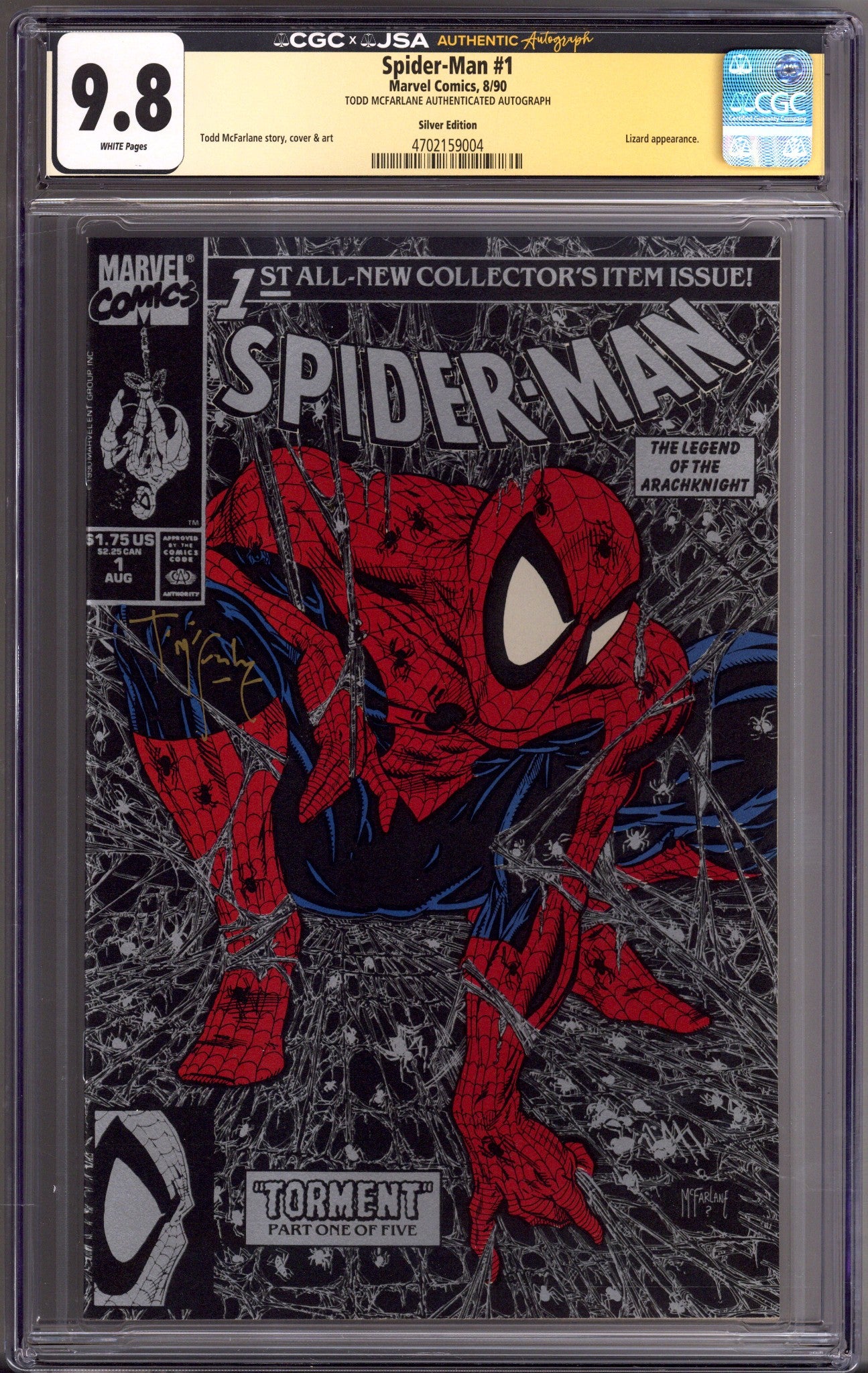 Spider-Man Vol 1 1 CGC 9.8 (NM/M) (1990) Silver Variant Signed x1 Cover Todd McFarlane 