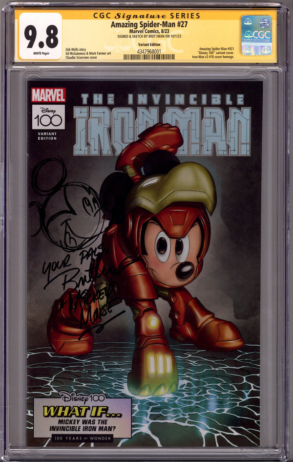 The Amazing Spider-Man Vol 6 27 (921) CGC 9.8 (NM/M) Disney 100 (2023) Sciarrone Variant Signed / Remarked x1 Cover Bret Iwan (Mickey Mouse)