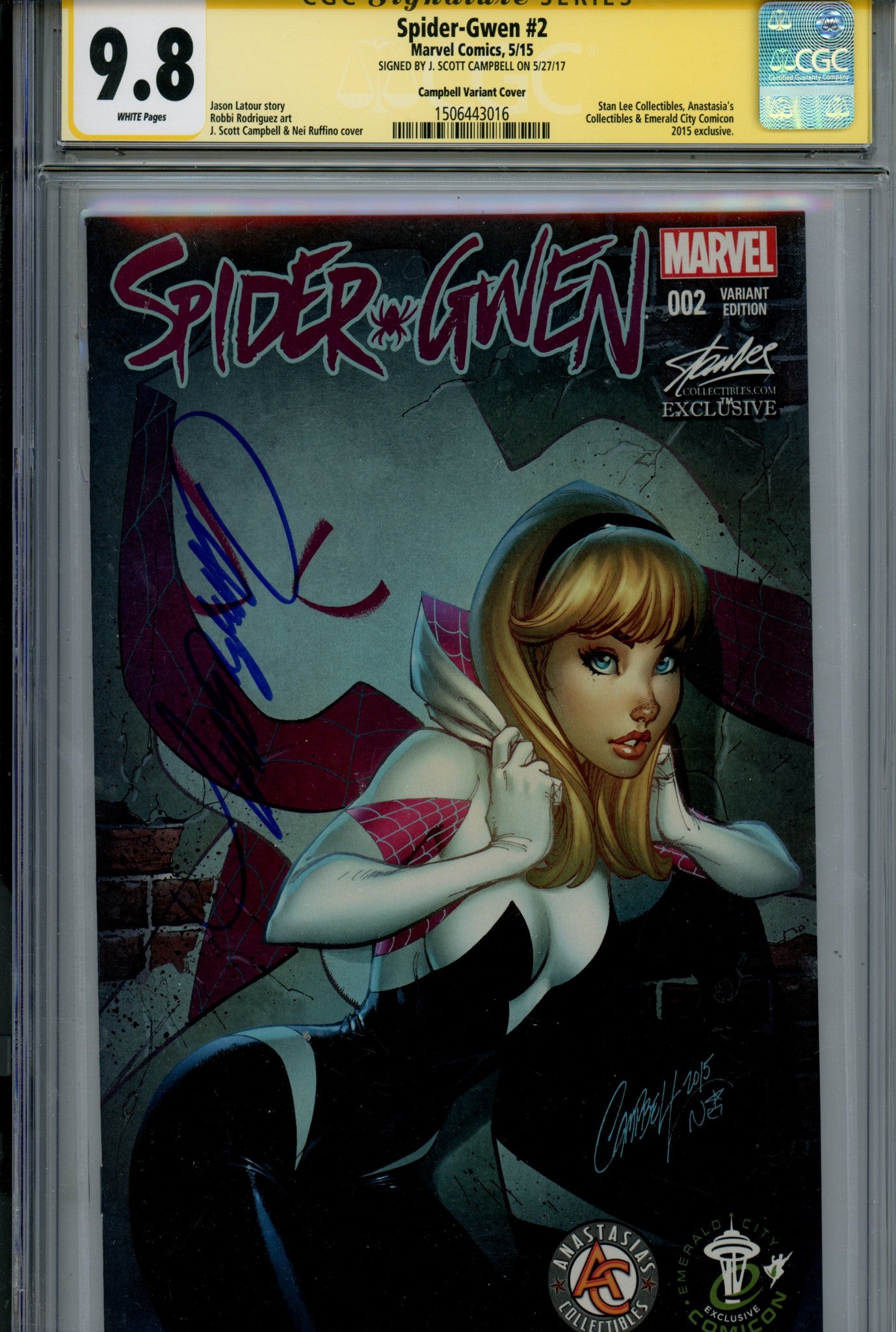 Spider-Gwen Vol 1 2 Campbell Exclusive Variant CGC 9.8 Signed J Scott Campbell (2015)
