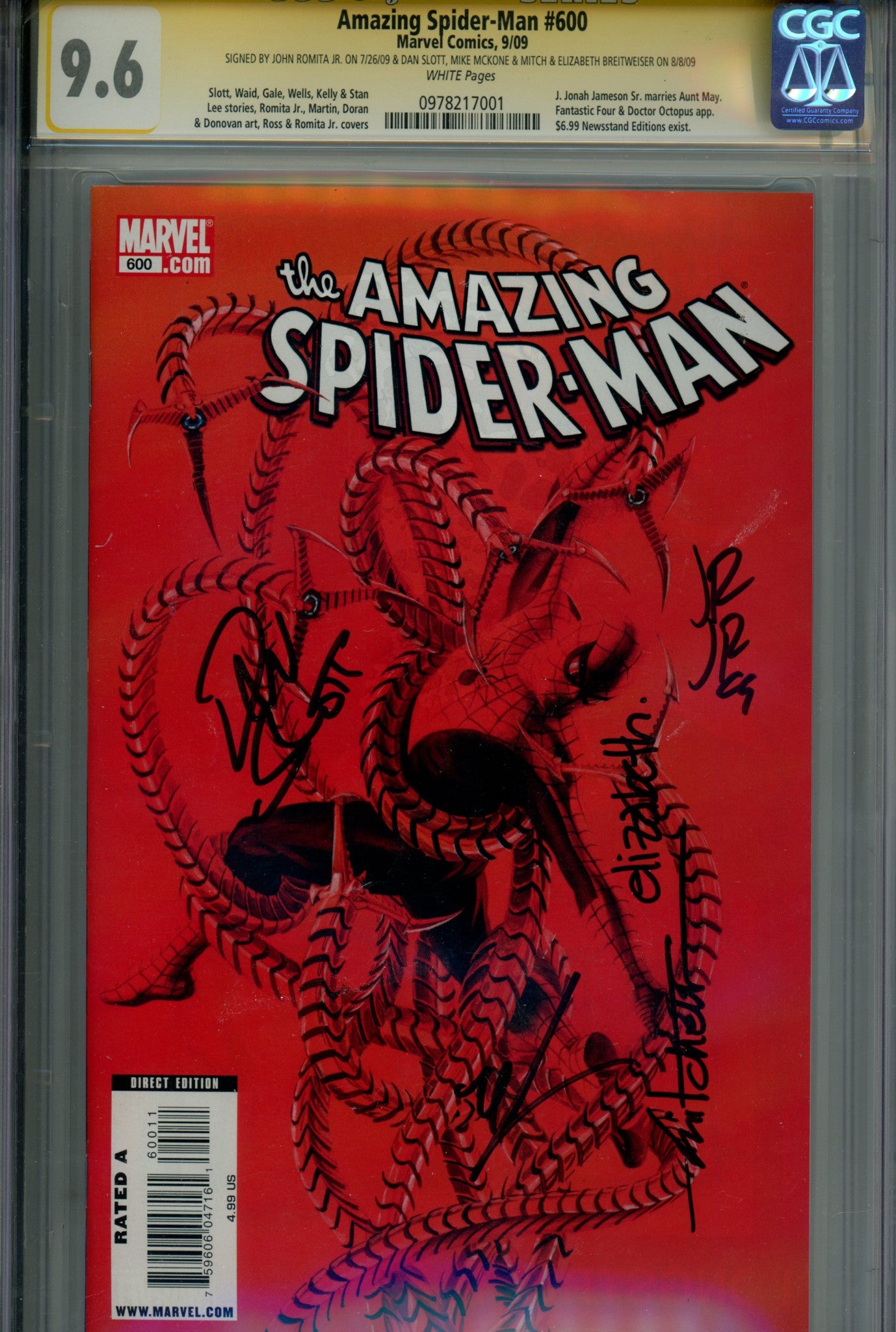 The Amazing Spider-Man Vol 2 600 CGC 9.6 Case Cracked Signed Romita, Slott, McKone, Breitweiser (2009)